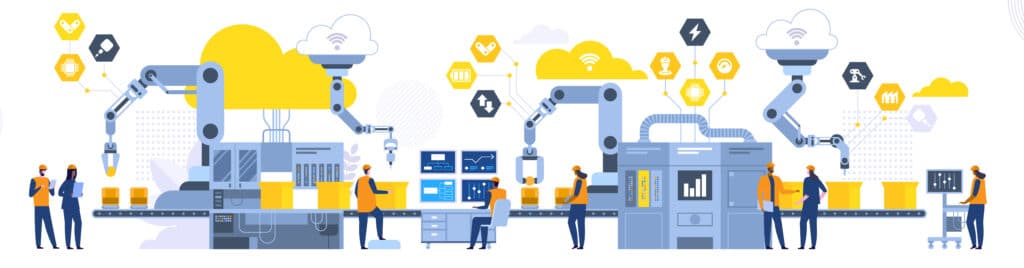 Graphic illustrating an assembly line with robotics.