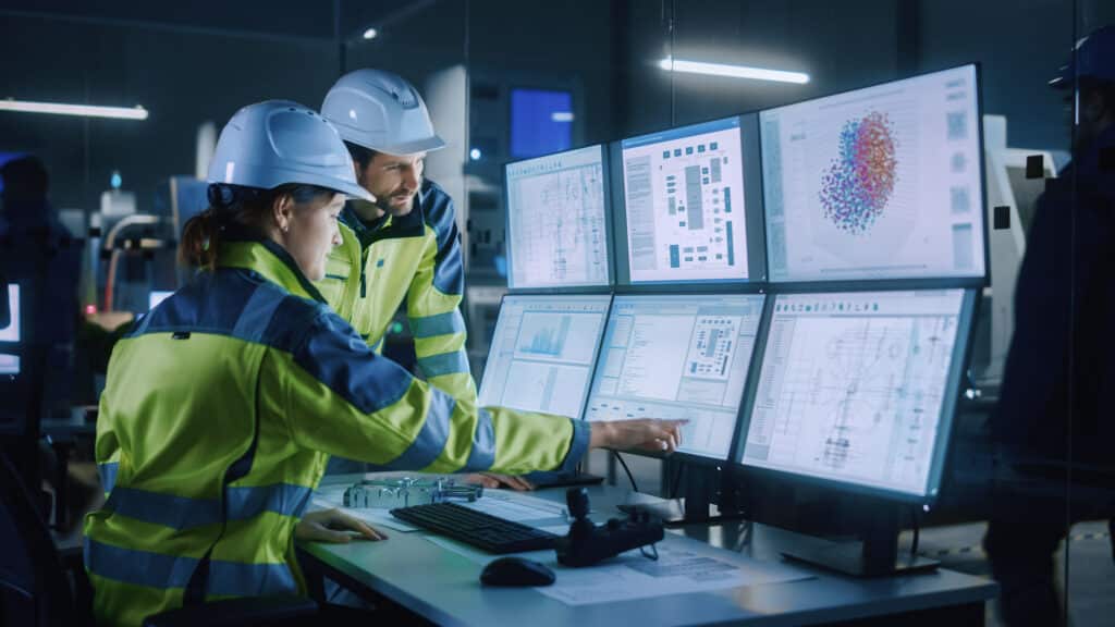 Picture of two workers reviewing data in a smart factory.