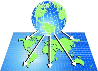 Graphic showing the globe transformed to a flat map.