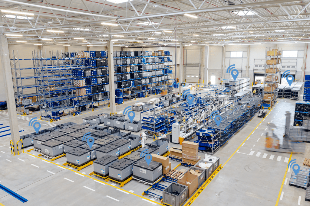 Logistics facility with tracking devices