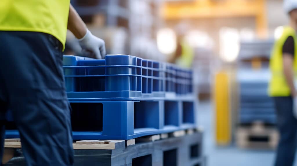 Worker in warehouse moving stack of blue plastic pallets. Focus on pallets, conveys industrial efficiency, logistics, and workplace safety. Modern warehouse environment.