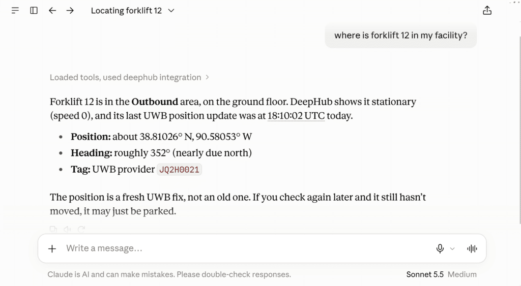 Screenshot from Claude, fetching forklift information through the DeepHub MCP.