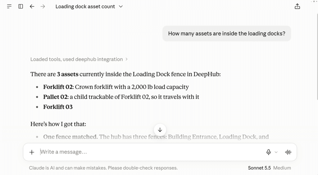 Screenshot from Claude, fetching the location of assets through the DeepHub MCP.